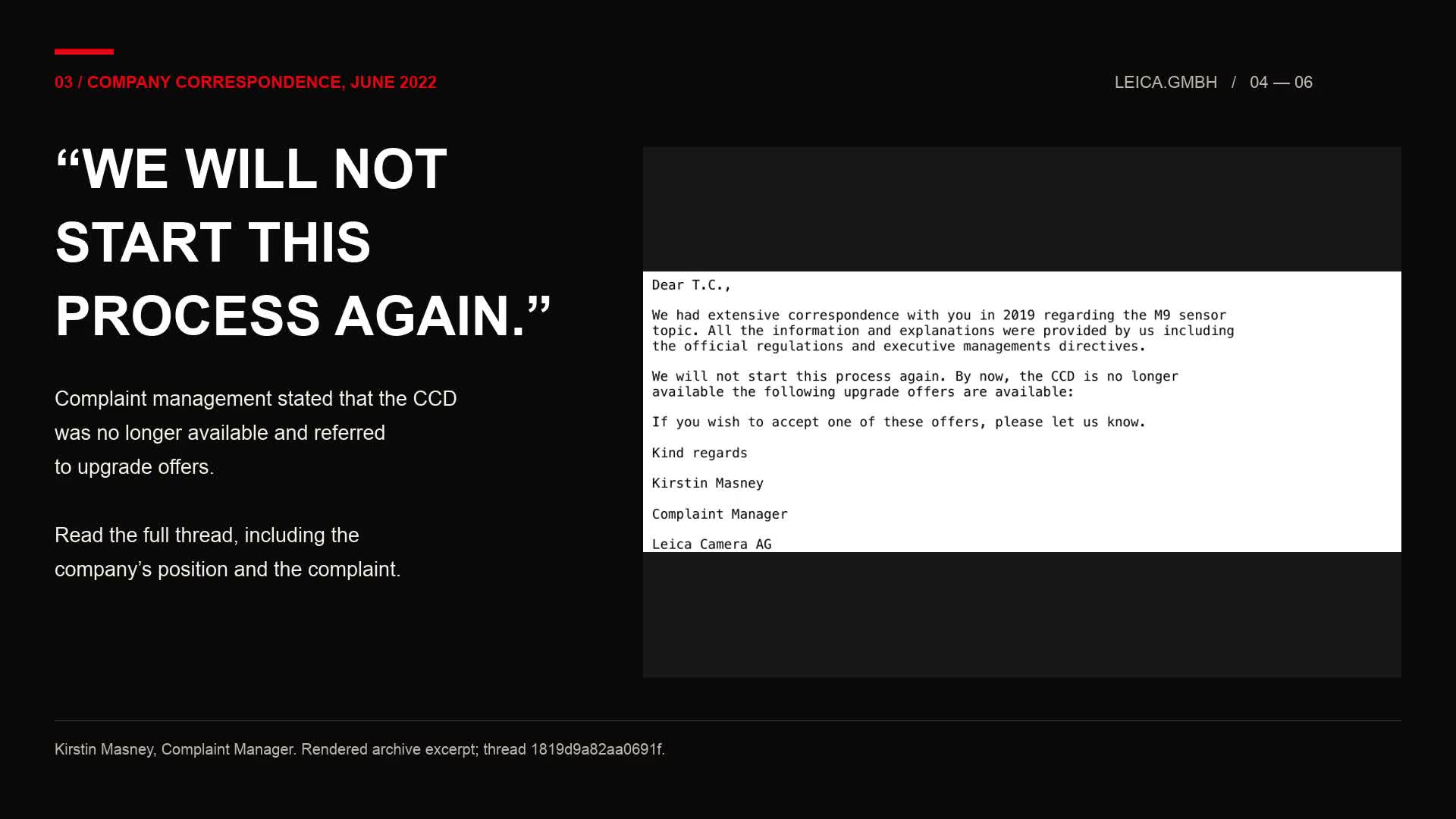 Labelled excerpt frame of the 2022 company correspondence